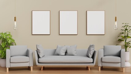 Mockup frame in living room interior background 3d rendering illustration