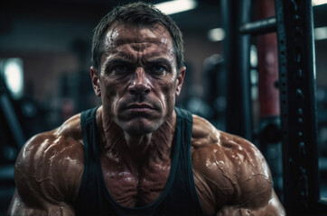 Muscular bodybuilder posing, showing his muscles after workout session