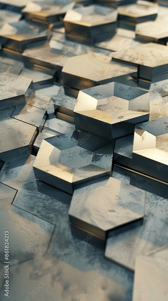 Poster the geometric shadows of overlapping hexagons reminiscent of a honeycomb pattern.
