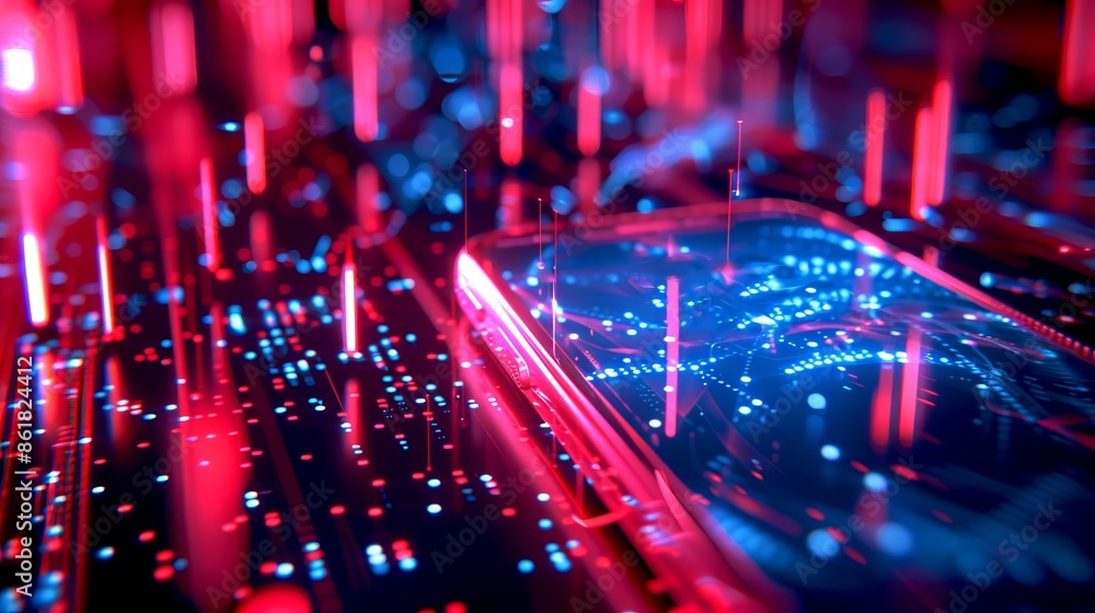 Poster futuristic smartphone with glowing circuitry. bright neon colors create a digital atmosphere. this i
