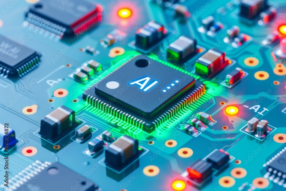 Poster high tech ai circuit board with glowing elements symbolizing advanced artificial intelligence in ele