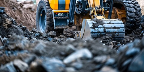Naklejka premium Excavator digging surrounded by rocks and earth on both sides. Concept Construction, Earthmoving, Excavation, Heavy Machinery, Industrial Equipment