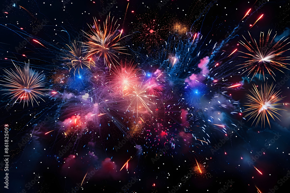 Poster aerial display of colorful fireworks exploding in the night sky