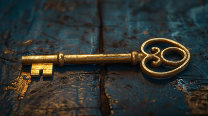 An antique golden key on a textured dark background.