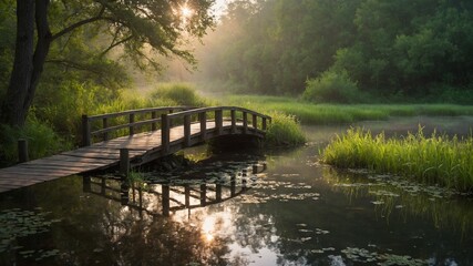 Fototapeta premium Wooden footbridge arches over tranquil stream surrounded by lush greenery, bathed in warm glow of sunrise, sunset. Mist hovers above waters surface, adding mystical quality to serene landscape.