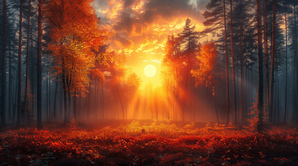 Autumn forest landscape, orange golden foliage, fall wallpaper