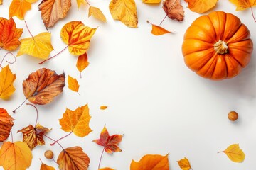Pumpkin and fall leaves on a white background