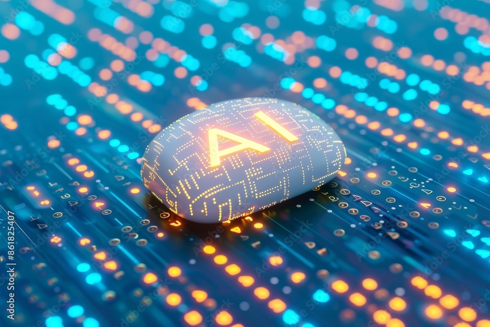 Poster ai microchip on a high tech circuit board with glowing elements symbolizing advanced artificial inte