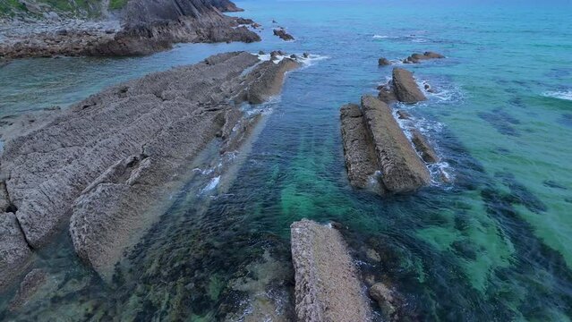 Coastal landscape on the Tagle coast in El Sable. Aerial view from a drone. Arnuero Municipality. Cantabrian Sea. Cantabria. Spain. Europe