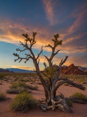 Obraz premium Amidst deserts vast expanse, twisted, gnarled tree stands defiantly. Its sparse foliage reaches for sky, silhouetted against vibrant sunset. Distant mountains frame scene.