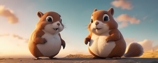 Obraz premium fat cute squirrel with sunset in background. Extremely detailed high resolution illustration