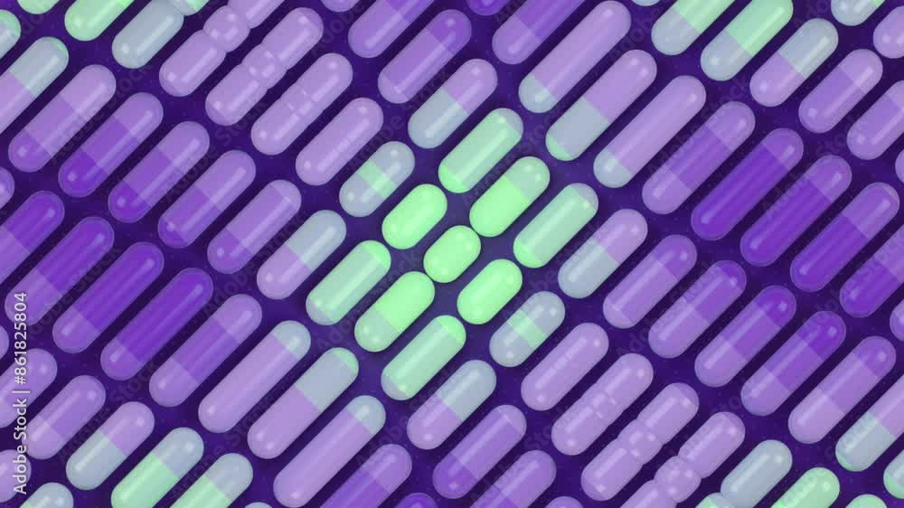 Aufkleber Digital seamless loop animation of a moving pattern of purple and green gradient capsules arranged in a square shape on a dark background. Symmetrical composition. 3d rendering 4K