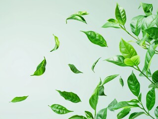 Image of fresh green leaves floating mid-air with a light green background