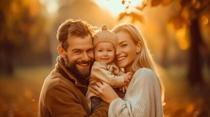 Fototapeta premium Happy Family Embracing in Autumn Park. Generative ai.