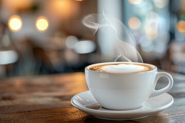 Obraz premium Steaming Cup of Cappuccino in Cozy Cafe. Generative ai.