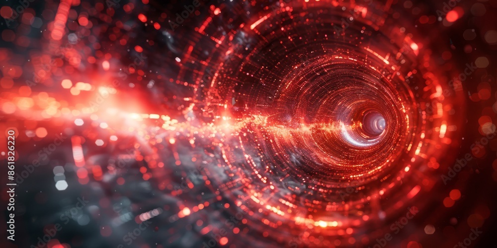 Poster explore a mesmerizing red particle tunnel in the vastness of space, ideal for scifi and cosmic desig