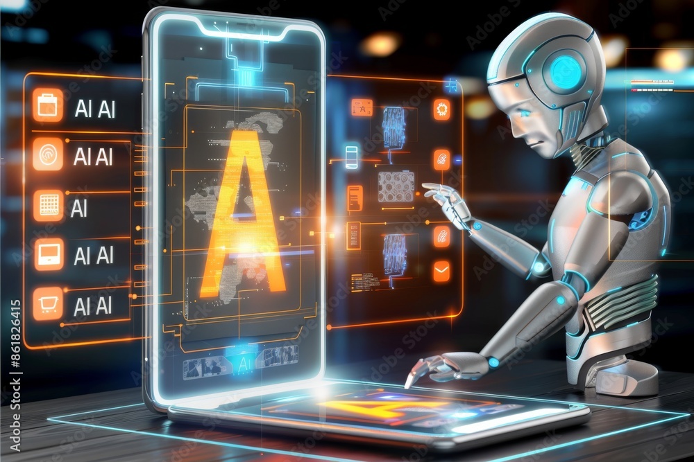Poster robot interacting with a holographic ai interface in a high tech control room symbolizing advanced a