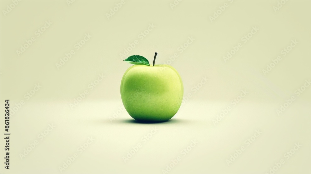 Poster minimalistic green apple with leaf on light background. generative ai.
