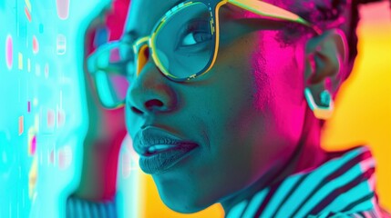 Obraz premium Close-Up Neon Portrait of Woman in Glasses. Generative ai.
