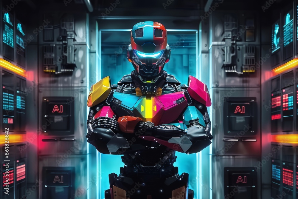 Aufkleber futuristic robot in a colorful high tech environment symbolizing the integration of artificial intel