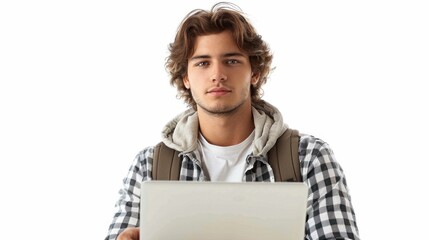Obraz premium Young Man in Hoodie Working on Laptop. Generative ai.