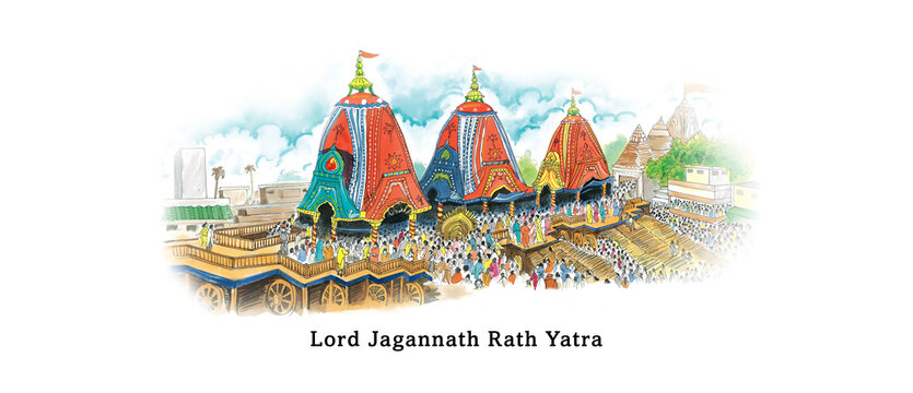 Lord Jagannath Rath Yatra Festival of Odisha. Hand drawing, painting, greeting card illustration.