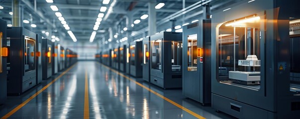 A row of advanced industrial 3D printers in an empty factory