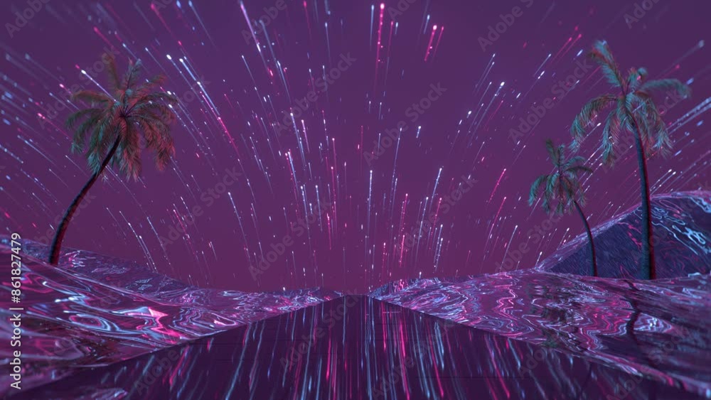 Aufkleber retrofuturism tropical scene with neon light trails and palm trees. seamless loop 3d render animatio