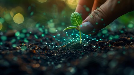 Fototapeta premium Hand planting a young green plant with glowing digital connections in the background