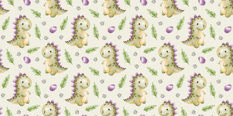 Green dinosaurs,footprints, eggs and Palm leaves. Childish background of tyrannosaurus rex. Print with dino. Watercolor seamless pattern for design kid's goods, fabric, scrapbook, office supplies