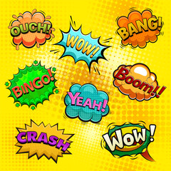 Comic speech bubble set with text and explosions. Boom, Bang, Ouch, Bingo, Crash, Yeah, Wow vector cartoon emotions.
