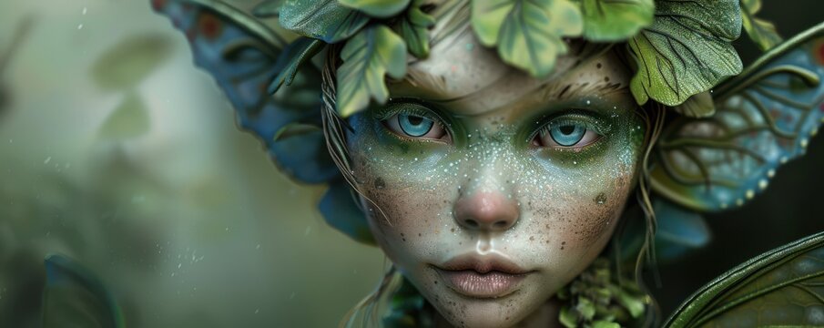 Realistic close-up of a green forest sylph with intricate details and mystical features. The fantasy character is perfect for mythical themes, nature-based stories, and imaginative artworks.