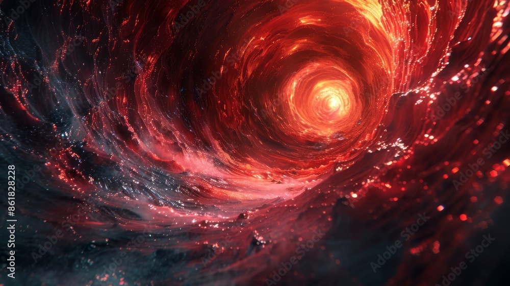 Poster abstract red light tunnel with glowing swirls creates dynamic, futuristic visual effect, offering im