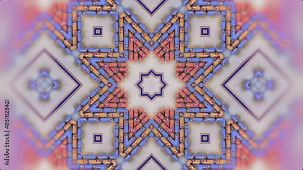 Aufkleber Abstract kaleidoscopic moving pattern of groups of multicolored cylindrical figures in bright hues. Digital seamless loop animation. 3d rendering. 4K, Ultra HD resolution