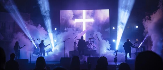 Church altar with a band performing, illuminated by bright lights and smoke, with a cross projected behind the musicians. Perfect for themes of worship and modern spirituality.