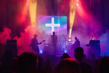 Church altar with a band performing, illuminated by bright lights and smoke, with a cross projected behind the musicians. Perfect for themes of worship and modern spirituality.