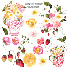 Watercolor hand draw illustration with summer berry, cherry, currant, strawberry, raspberry, floral arrangements, vase and botanical bouquet, isolated on transparent background