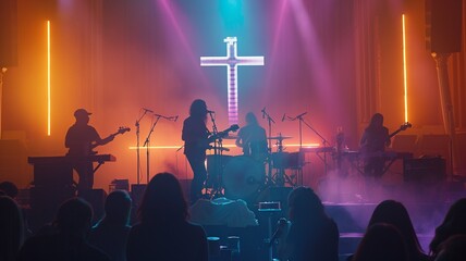 Church altar with a band performing, illuminated by bright lights and smoke, with a cross projected behind the musicians. Perfect for themes of worship and modern spirituality.