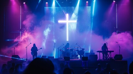 Church altar with a band performing, illuminated by bright lights and smoke, with a cross projected behind the musicians. Perfect for themes of worship and modern spirituality.
