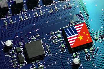 Flag of the Republic of China and the United States on microchip of a PC Motherboard. Concept for world supremacy in microchip and semiconductor manufacturing.
