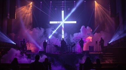 Church altar with a band performing, illuminated by bright lights and smoke, with a cross projected behind the musicians. Perfect for themes of worship and modern spirituality.