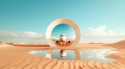 Airplane in desert with circular arch and reflecting pool.  Photographic art, futuristic travel, surreal landscape.