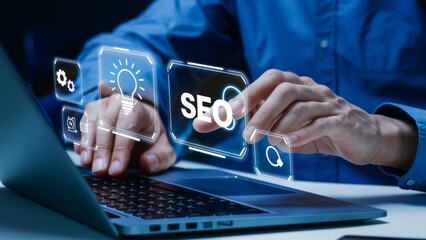 Fototapeta premium A person is typing on a laptop with seo icons, AI