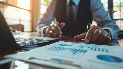 Fototapeta premium Businessman reviewing financial charts and reports at his desk