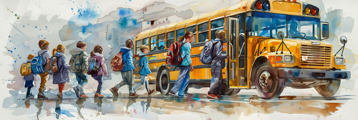 Watercolor painting of students getting on the school bus.