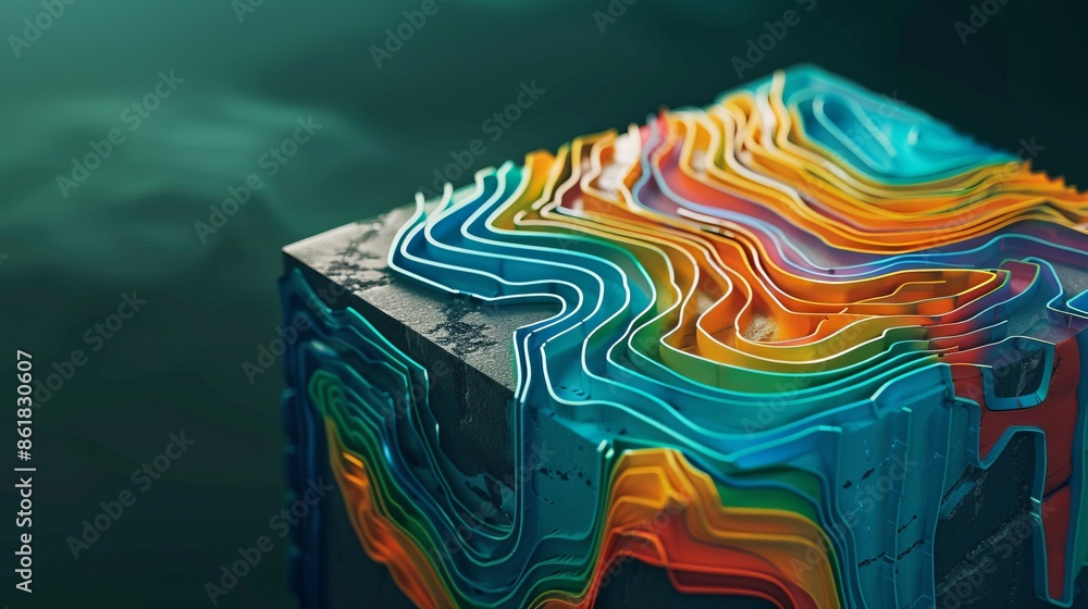 Poster colorful, abstract 3d rendering of a geometric cube with layered patterns. the vibrant colors blend 
