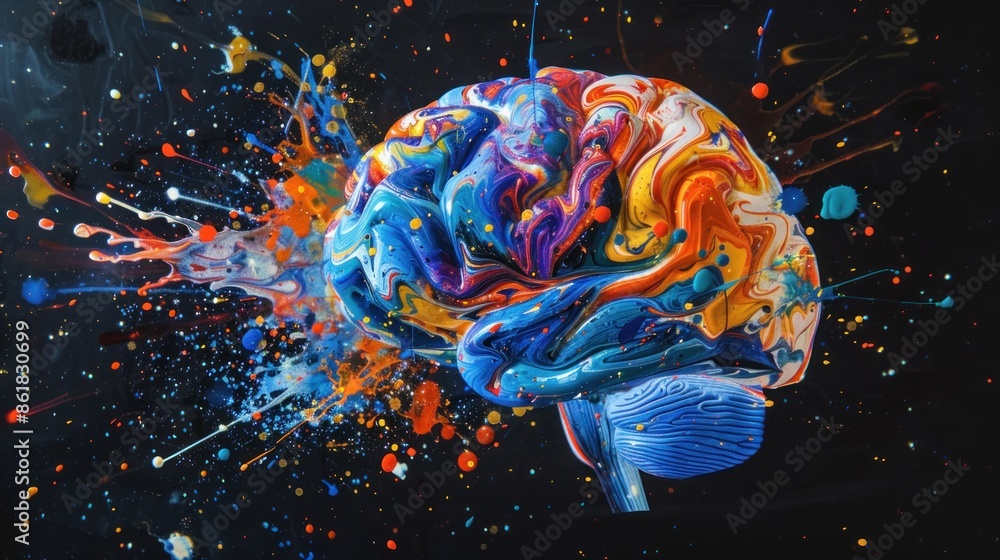 Aufkleber creativity concept with a brain exploding in colors.