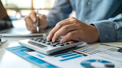 Close-up of a person's hands using a calculator while working on financial documents.