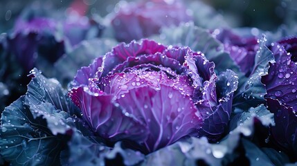 Close-up of a vibrant purple cabbage with dew drops.