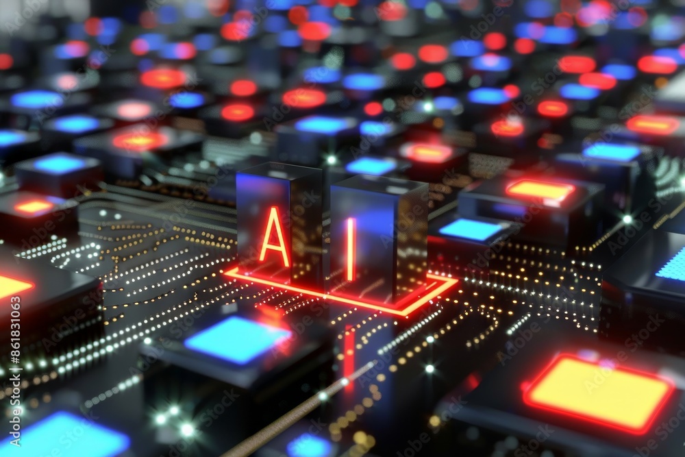 Poster high tech circuit board with glowing ai elements symbolizing advanced artificial intelligence in dig